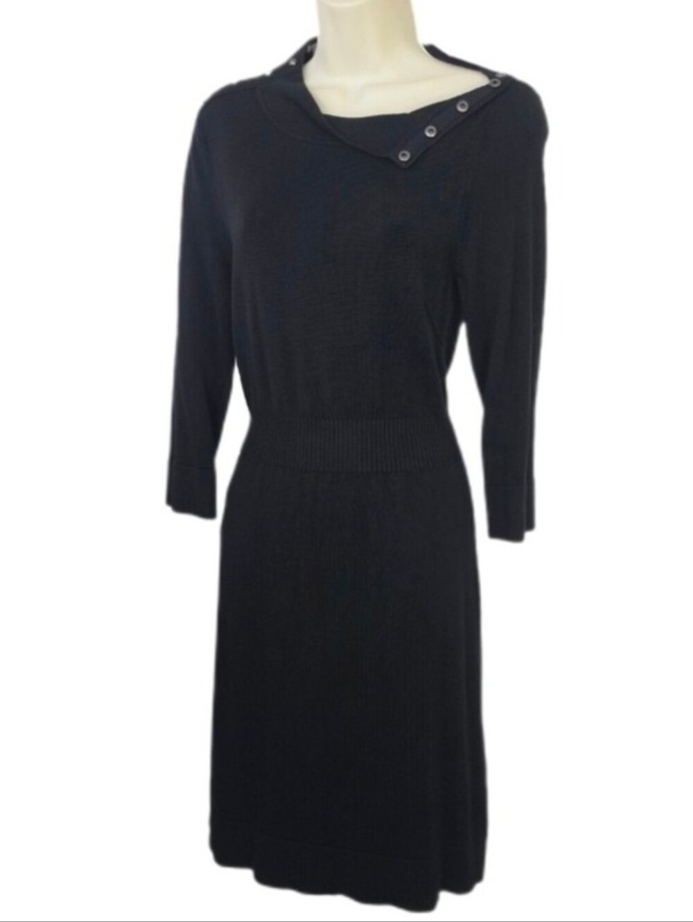 White House Black Market Dress Knit Assymetrical Neckline Black Size M - Picture 2 of 12